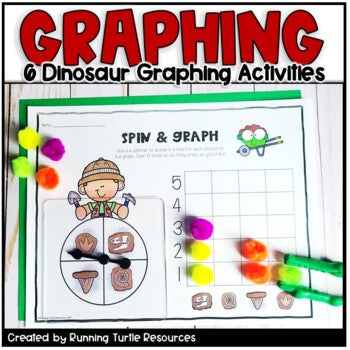 A promotional image for a dinosaur-themed graphing activity booklet with colorful graphing tools and dice.