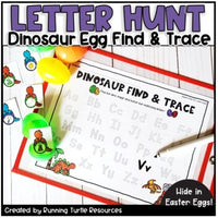 A colorful dinosaur-themed letter hunt activity sheet with eggs and letters, designed for educational purposes.