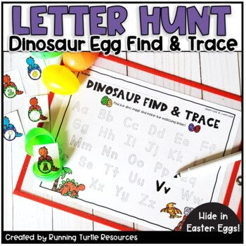 A colorful dinosaur-themed letter hunt activity sheet with eggs and letters, designed for educational purposes.