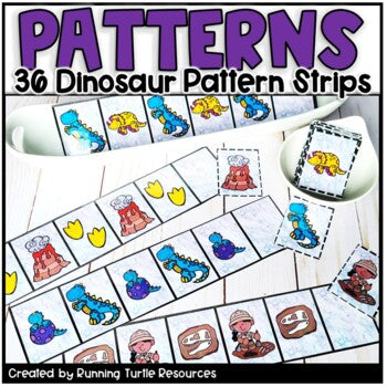 A set of 36 dinosaur pattern strips with various colorful illustrations of dinosaurs on them, designed for educational use.