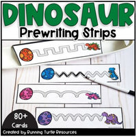 A set of prewriting strips with dinosaur illustrations, including cards for tracing lines and shapes, and cards with letters and numbers.