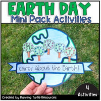 Promotional image for Earth Day Mini Pack activities featuring a globe with name 'Mikey' and text 'EARTH DAY MINI PACK ACTIVITIES', along with a badge that says '4 ACTIVITIES'.