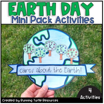 Promotional image for Earth Day Mini Pack activities featuring a globe with name 'Mikey' and text 'EARTH DAY MINI PACK ACTIVITIES', along with a badge that says '4 ACTIVITIES'.