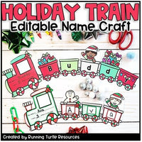 Editable name craft in the shape of a holiday train with various parts such as train cars and letters, designed to be colored and customized with names.