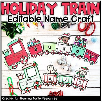 Editable name craft in the shape of a holiday train with various parts such as train cars and letters, designed to be colored and customized with names.