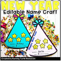 Promotional image of New Year hat craft spelling the names Mikey and Bella in stars.