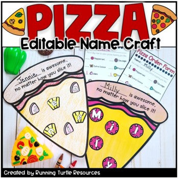 A pizza-themed name craft activity with editable topping letters, targeting name recognition and fine motor skills.