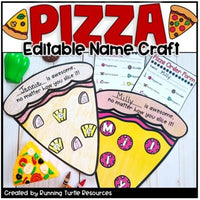 A pizza-themed name craft activity with editable topping letters, targeting name recognition and fine motor skills.