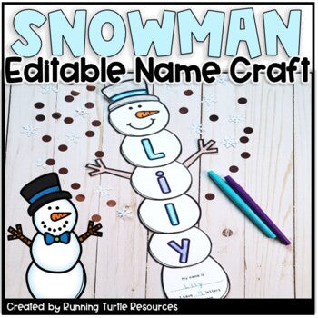 Promotional image of a 6 part snowman with the name Lily and a bottom snowball that has students writing their name and the number of letters in their name.