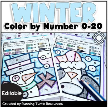 Editable Winter Color by Number Printables with numbers 0-20, featuring illustrations of winter-themed characters like a snowman and a cloud, created by Running Turtle Resources.