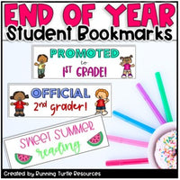 Promotional Image of bookmarks that say "Promoted to 1st Grade", "Official 2nd Grader" and "Sweet Summer Reading"