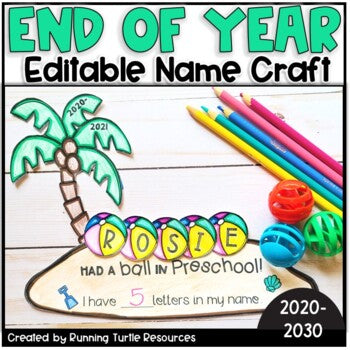 Promotional image for an editable name craft activity, featuring a palm tree with the text 'ROSIE'S HAD A BALL IN PRESCHOOL' and beach balls in the foreground.