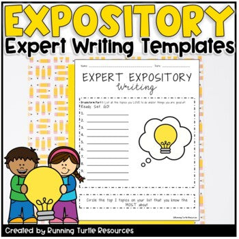 Promotional image for an expository writing template pack, featuring a light-colored background with text and illustrations of a light bulb, two children, and writing tools.