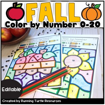 A promotional image for a fall-themed editable number recognition activity, featuring colorful graphical elements like apples and leaves, and text indicating 'Fall Color by Number Recognition Activity' along with the numbers 0-20.