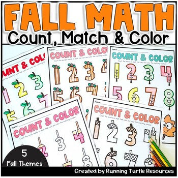 Photograph of Count and Color Mats in the themes of apples, pumpkins, leaves, carmel apples and acorns