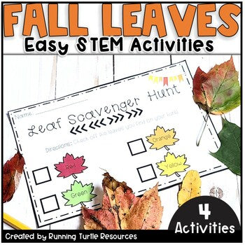 A fall-themed educational activity sheet titled 'Fall Leaves Easy STEM Activities' with illustrations of leaves and text boxes for writing.