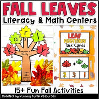 Photograph of colorful Fall Leaves with letters on it to spell the name Karly and Leaf Addition Task Cards