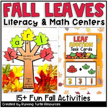 Photograph of colorful Fall Leaves with letters on it to spell the name Karly and Leaf Addition Task Cards