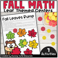 Promotional image of a Fall Leaves Bump Math Game with colorful leaves with numbers and bingo chips.