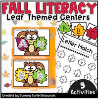 Photograph of Alphabet Tracing Task Cards and a Leaf Themed Letter match Activity for matching uppercase and lowercase letters.