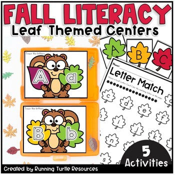 Photograph of Alphabet Tracing Task Cards and a Leaf Themed Letter match Activity for matching uppercase and lowercase letters.
