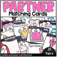A set of 20 food pair partner cards with colorful illustrations of various food items and their corresponding pairing words, such as 'Avocado and Toast', 'Bacon and Eggs', 'Coffee and Donut', and 'Milk and Cereal'.