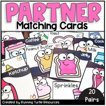 A set of 20 food pair partner cards with colorful illustrations of various food items and their corresponding pairing words, such as 'Avocado and Toast', 'Bacon and Eggs', 'Coffee and Donut', and 'Milk and Cereal'.