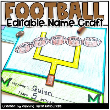 Editable name craft crafted in the shape of a football field with editable football letters, aimed at teaching name recognition and fine motor skills.