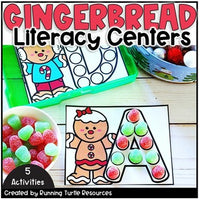 Promotional image of Gingerbread Themed Letter Formation task cards with the letter A formed in gumdrops for Kindergarten Students. 5 activities included