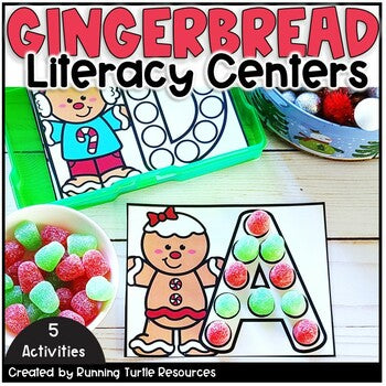 Promotional image of Gingerbread Themed Letter Formation task cards with the letter A formed in gumdrops for Kindergarten Students. 5 activities included