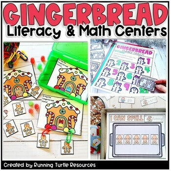 Promotional image of Kindergarten Gingerbread literacy and math centers including letter match, sight words and number matching.