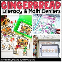 Promotional image of Kindergarten Gingerbread literacy and math centers including letter match, sight words and number matching.