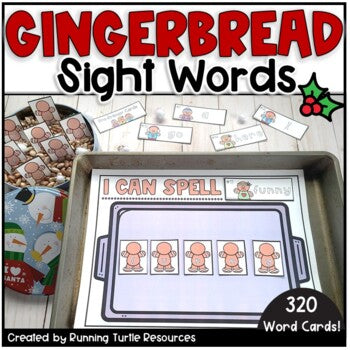 A display set up for Gingerbread Sight Words, featuring a 'Cookie Tray' mat, lowercase and uppercase gingerbread letters, and word cards with gingerbread man illustrations.