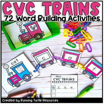 A set of colorful CVC word building activity cards with trains and train cars, designed for literacy and phonics education.