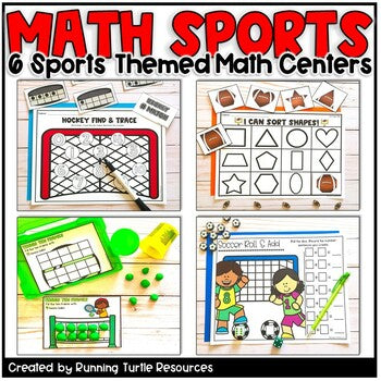 Promotional image of 6 sports themed math centers including ten frames, shape match, simple addition and number tracing