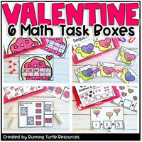 A collection of six Valentine's Day themed math task boxes with various activities such as counting, adding and subtraction, and tracing love bugs, designed for kindergarten math centers.