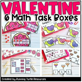 A collection of six Valentine's Day themed math task boxes with various activities such as counting, adding and subtraction, and tracing love bugs, designed for kindergarten math centers.