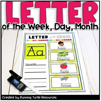 Promotional image for a letter writing and letter sound educational poster set, with the text 'Letter of the Week, Day, Month' and examples of letters in various colors.