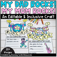 Promotional image of a drum set with the words "my mom" and "My dad" with stars that spell out ROCKS and a writing prompt for students to write why their mom or dad rocks.