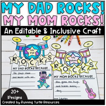 Promotional image of a drum set with the words "my mom" and "My dad" with stars that spell out ROCKS and a writing prompt for students to write why their mom or dad rocks.