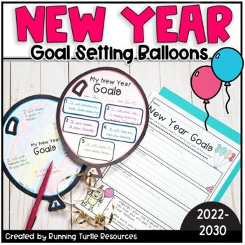 A packaging image featuring a 'New Year Goal Setting Balloons' title, with a balloon template, a draft balloon with boxes for writing goals, and a final draft balloon design. The year 2023 is highlighted, and the logo of 'Creating by Running Turtle Resources' is visible.