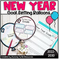 A packaging image featuring a 'New Year Goal Setting Balloons' title, with a balloon template, a draft balloon with boxes for writing goals, and a final draft balloon design. The year 2023 is highlighted, and the logo of 'Creating by Running Turtle Resources' is visible.