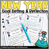 A collection of printable New Year's reflection and goal setting activities for students, including sheets and notecards with writing prompts.