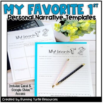 Promotional image for a personal narrative writing unit template, featuring a title 'My Favorite 1st', a graphic of a pen and paper, and a Google Slide icon, indicating digital accessibility.