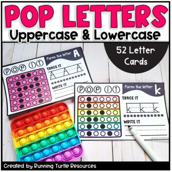 Promotional image for 52 letter cards with visuals for how to create letters using pop it fidgets with cards for tracing and writing letters.