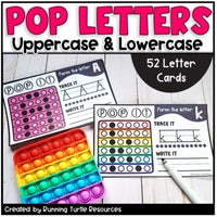 Promotional image for 52 letter cards with visuals for how to create letters using pop it fidgets with cards for tracing and writing letters.