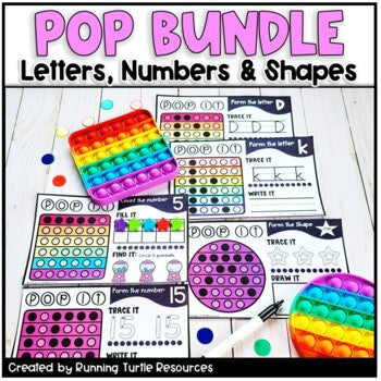 A collection of colorful educational pop, trace, and write cards for letters, numbers, and shapes, along with fidget poppers and a purple marker.