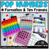 Promotional image with a pop it fidget and matching cards for students to fill in ten frames on pop it and on cards.