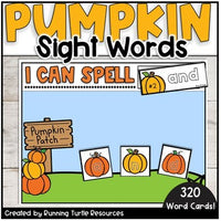 A colorful educational sight words resource booklet cover, featuring pumpkin images and text, indicating it's suitable for fall literacy centers.