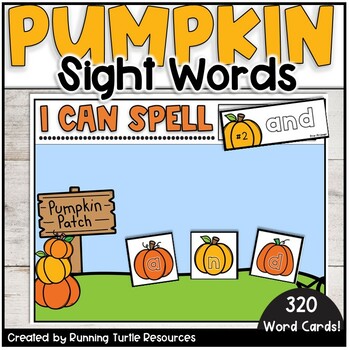 A colorful educational sight words resource booklet cover, featuring pumpkin images and text, indicating it's suitable for fall literacy centers.